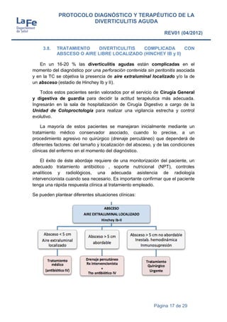Página 17 de 29
PROTOCOLO DIAGNÓSTICO Y TERAPÉUTICO DE LA
DIVERTICULITIS AGUDA
REV01 (04/2012)
3.8. TRATAMIENTO DIVERTICULITIS COMPLICADA CON
ABSCESO O AIRE LIBRE LOCALIZADO (HINCHEY IB y II)
En un 16-20 % las diverticulitis agudas están complicadas en el
momento del diagnóstico por una perforación contenida sin peritonitis asociada
y en la TC se objetiva la presencia de aire extraluminal localizado y/o la de
un absceso (estadio de Hinchey Ib y II).
Todos estos pacientes serán valorados por el servicio de Cirugía General
y digestiva de guardia para decidir la actitud terapéutica más adecuada.
Ingresarán en la sala de hospitalización de Cirugía Digestivo a cargo de la
Unidad de Coloproctología para realizar una vigilancia estrecha y control
evolutivo.
La mayoría de estos pacientes se manejaran inicialmente mediante un
tratamiento médico conservador asociado, cuando lo precise, a un
procedimiento agresivo no quirúrgico (drenaje percutáneo) que dependerá de
diferentes factores: del tamaño y localización del absceso, y de las condiciones
clínicas del enfermo en el momento del diagnóstico.
El éxito de éste abordaje requiere de una monitorización del paciente, un
adecuado tratamiento antibiótico , soporte nutricional (NPT), controles
analíticos y radiológicos, una adecuada asistencia de radiología
intervencionista cuando sea necesario. Es importante confirmar que el paciente
tenga una rápida respuesta clínica al tratamiento empleado.
Se pueden plantear diferentes situaciones clínicas:
 
