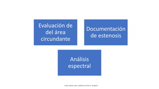 Evaluación de
del área
circundante
Documentación
de estenosis
Análisis
espectral
CAROL KREBS. (2001). DOPPLER COLOR. EU: MARBAN.
 