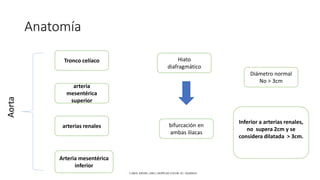 Anatomía
Tronco celíaco
arteria
mesentérica
superior
arterias renales
Arteria mesentérica
inferior
Hiato
diafragmático
bifurcación en
ambas iliacas
Diámetro normal
No > 3cm
Aorta
Inferior a arterias renales,
no supera 2cm y se
considera dilatada > 3cm.
CAROL KREBS. (2001). DOPPLER COLOR. EU: MARBAN.
 