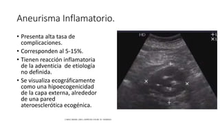 Aneurisma Inflamatorio.
• Presenta alta tasa de
complicaciones.
• Corresponden al 5-15%.
• Tienen reacción inflamatoria
de la adventicia de etiología
no definida.
• Se visualiza ecográficamente
como una hipoecogenicidad
de la capa externa, alrededor
de una pared
ateroesclerótica ecogénica.
CAROL KREBS. (2001). DOPPLER COLOR. EU: MARBAN.
 