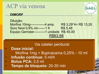 Custos de tratamentoAINH e drogas adjuvantes01 ampola peridural ou EV01 ampola peridural ou EVKetamin S+Clonidin01 ampola R$ 12,2001 ampolaR$ 5,79