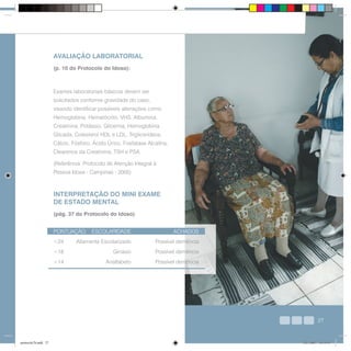 27
Coordenação da Atenção Básica - SMS - PMSP
AVALIAÇÃO LABORATORIAL
(p. 10 do Protocolo do Idoso):
Exames laboratoriais básicos devem ser
solicitados conforme gravidade do caso,
visando identificar possíveis alterações como:
Hemoglobina, Hematócrito, VHS, Albumina,
Creatinina, Potássio, Glicemia, Hemoglobina
Glicada, Colesterol HDL e LDL, Triglicerídeos,
Cálcio, Fósforo, Ácido Úrico, Fosfatase Alcalina,
Clearence da Creatinina, TSH e PSA.
(Referência: Protocolo de Atenção Integral à
Pessoa Idosa - Campinas - 2005)
INTERPRETAÇÃO DO MINI EXAME
DE ESTADO MENTAL
(pág. 37 do Protocolo do Idoso)
PONTUAÇÃO ESCOLARIDADE ACHADOS
<24 Altamente Escolarizado Possível demência
<18 Ginásio Possível demência
<14 Analfabeto Possível demência
27
protocolo7b.indd 27protocolo7b.indd 27 12/3/2007 18:19:1412/3/2007 18:19:14
 