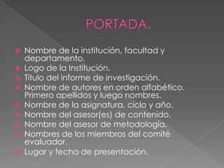 10.- La bibliografíaDebe contener los textos que se mencionen en el informe mediante citas y referencias. La información primordial debe precisar el autor, el título, la ciudad de edición, la editorial y el año. Para los textos electrónicos y la información on-line se incluye la fecha de consulta y la dirección virtual (URL).