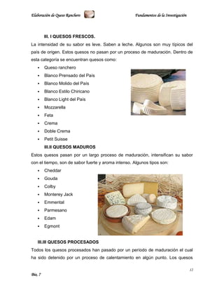 Elaboración de Queso Ranchero                       Fundamentos de la Investigación



         lll. I QUESOS FRESCOS.
La intensidad de su sabor es leve. Saben a leche. Algunos son muy típicos del
país de origen. Estos quesos no pasan por un proceso de maduración. Dentro de
esta categoría se encuentran quesos como:
        Queso ranchero
        Blanco Prensado del País
        Blanco Molido del País
        Blanco Estilo Chiricano
        Blanco Light del País
        Mozzarella
        Feta
        Crema
        Doble Crema
        Petit Suisse
         III.II QUESOS MADUROS
Estos quesos pasan por un largo proceso de maduración, intensifican su sabor
con el tiempo, son de sabor fuerte y aroma intenso. Algunos tipos son:
        Cheddar
        Gouda
        Colby
        Monterey Jack
        Emmental
        Parmesano
        Edam
        Egmont


    III.III QUESOS PROCESADOS
Todos los quesos procesados han pasado por un período de maduración el cual
ha sido detenido por un proceso de calentamiento en algún punto. Los quesos

                                                                                      12
Bio, 7
 