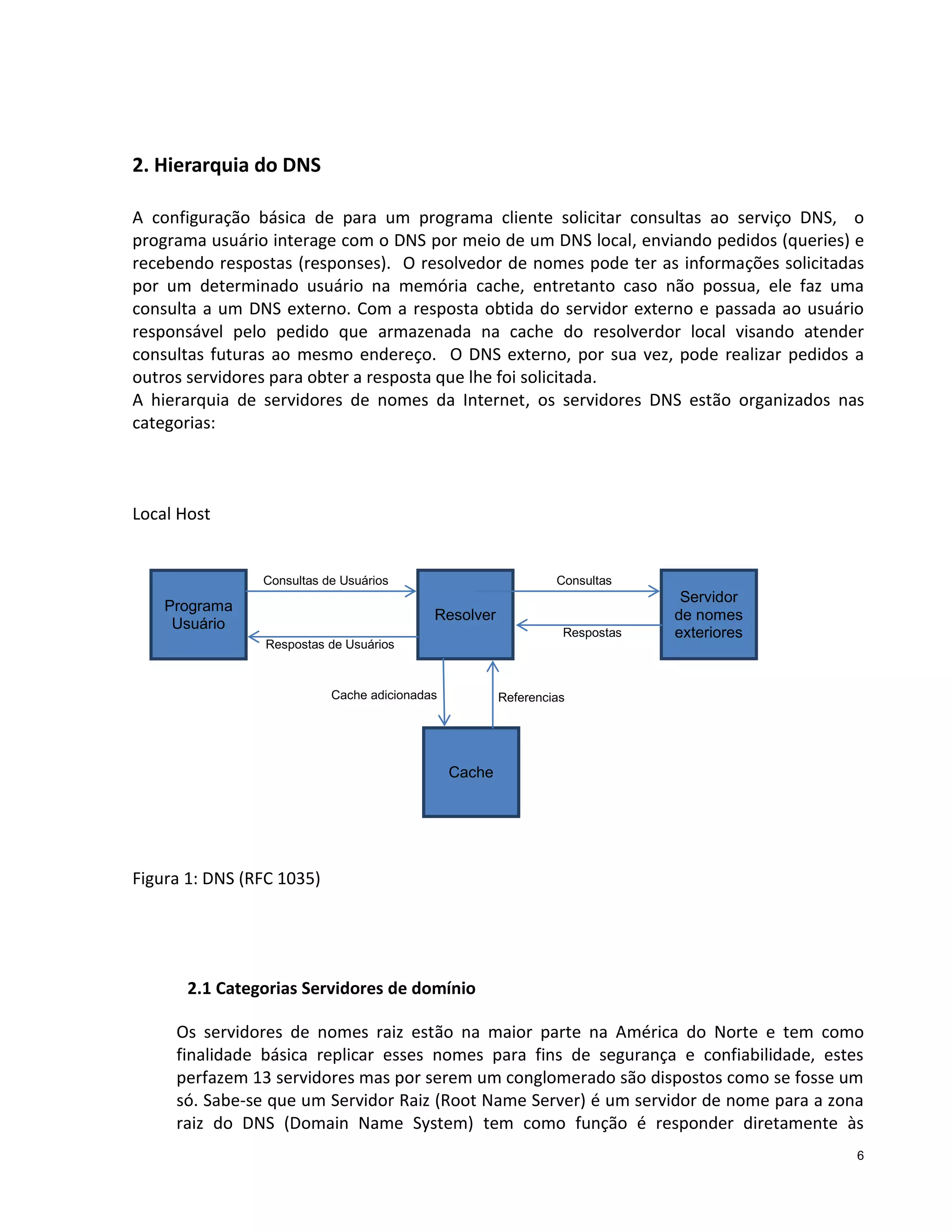 2. Hierarquia do DNS
A configuração básica de para um programa cliente solicitar consultas ao serviço DNS, o
programa usuário interage com o DNS por meio de um DNS local, enviando pedidos (queries) e
recebendo respostas (responses). O resolvedor de nomes pode ter as informações solicitadas
por um determinado usuário na memória cache, entretanto caso não possua, ele faz uma
consulta a um DNS externo. Com a resposta obtida do servidor externo e passada ao usuário
responsável pelo pedido que armazenada na cache do resolverdor local visando atender
consultas futuras ao mesmo endereço. O DNS externo, por sua vez, pode realizar pedidos a
outros servidores para obter a resposta que lhe foi solicitada.
A hierarquia de servidores de nomes da Internet, os servidores DNS estão organizados nas
categorias:

Local Host

Consultas de Usuários

Programa
Usuário

Consultas

Resolver
Respostas
Respostas de Usuários

Cache adicionadas

Servidor
de nomes
exteriores

Referencias

Cache

Figura 1: DNS (RFC 1035)

2.1 Categorias Servidores de domínio
Os servidores de nomes raiz estão na maior parte na América do Norte e tem como
finalidade básica replicar esses nomes para fins de segurança e confiabilidade, estes
perfazem 13 servidores mas por serem um conglomerado são dispostos como se fosse um
só. Sabe-se que um Servidor Raiz (Root Name Server) é um servidor de nome para a zona
raiz do DNS (Domain Name System) tem como função é responder diretamente às
6

 