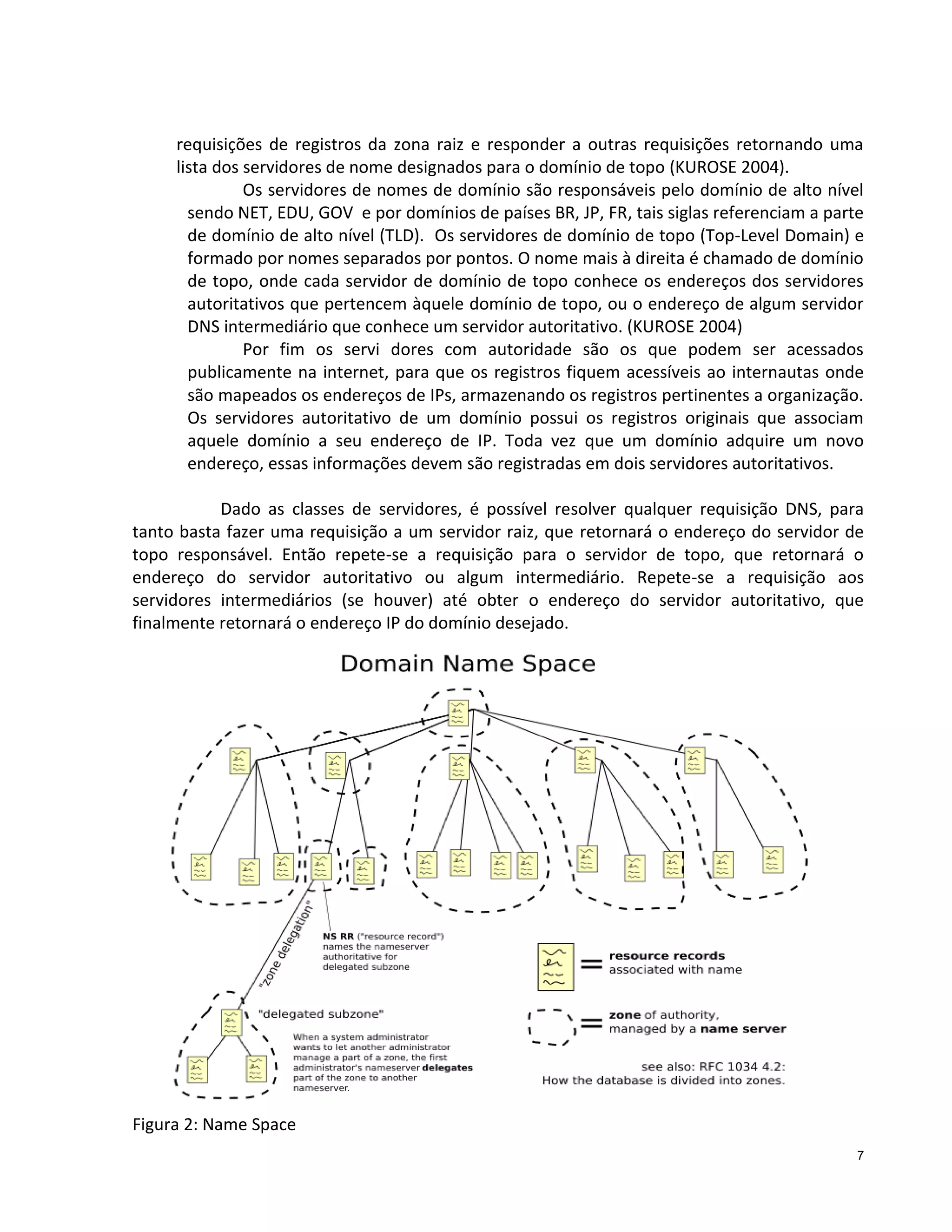 requisições de registros da zona raiz e responder a outras requisições retornando uma
lista dos servidores de nome designados para o domínio de topo (KUROSE 2004).
Os servidores de nomes de domínio são responsáveis pelo domínio de alto nível
sendo NET, EDU, GOV e por domínios de países BR, JP, FR, tais siglas referenciam a parte
de domínio de alto nível (TLD). Os servidores de domínio de topo (Top-Level Domain) e
formado por nomes separados por pontos. O nome mais à direita é chamado de domínio
de topo, onde cada servidor de domínio de topo conhece os endereços dos servidores
autoritativos que pertencem àquele domínio de topo, ou o endereço de algum servidor
DNS intermediário que conhece um servidor autoritativo. (KUROSE 2004)
Por fim os servi dores com autoridade são os que podem ser acessados
publicamente na internet, para que os registros fiquem acessíveis ao internautas onde
são mapeados os endereços de IPs, armazenando os registros pertinentes a organização.
Os servidores autoritativo de um domínio possui os registros originais que associam
aquele domínio a seu endereço de IP. Toda vez que um domínio adquire um novo
endereço, essas informações devem são registradas em dois servidores autoritativos.
Dado as classes de servidores, é possível resolver qualquer requisição DNS, para
tanto basta fazer uma requisição a um servidor raiz, que retornará o endereço do servidor de
topo responsável. Então repete-se a requisição para o servidor de topo, que retornará o
endereço do servidor autoritativo ou algum intermediário. Repete-se a requisição aos
servidores intermediários (se houver) até obter o endereço do servidor autoritativo, que
finalmente retornará o endereço IP do domínio desejado.

Figura 2: Name Space
7

 