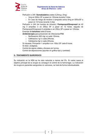 Departamento de Salud de Valencia
Arnau de Vilanova – Llíria
7
- Perfusión iv 24h: Somatostatina (viales 0,25mg y 3mg)
o 3mg en 500cc SF a pasar en 12horas durante 3 días.
o En caso de riesgo de recidiva o sangrado activo 6mg en 500ccSF a
pasar en 12 horas durante 3 días
- Perfusión iv 24h (en bomba de infusión): Pantoprazol/Omeprazol de 40
mg 3 ampollas iv en 250cc SF a pasar en 12 horas, seguido de
Pantoprazol/Omeprazol 2 ampollas iv en 250cc SF a pasar en 12horas.
- Enemas de lactulosa cada 8 horas.
- Antibioterapia para prevención de infecciones/PBE
o Norfloxacino 400 mgr vo cada 12horas.
o Ceftriaxona 1gr iv cada 24horas.
o Cefotaxima 2gr iv cada 24horas.
- Si náuseas, Primperan 1 ampolla iv en 100cc SF cada 8 horas.
- Si dolor, analgesia.
- Control de signos vitales y diuresis por turnos.
- Control de deposiciones (apuntar en gráfica tipo y cantidad).
8.- TRATAMIENTO QUIRÚRGICO
Su indicación en la HDA se ha visto reducida a menos del 5%. En estos casos el
objetivo principal de la cirugía es conseguir el control de la hemorragia. La indicación
de cirugía en pacientes sangrantes no varicosos, se hará de forma individualizada.
 