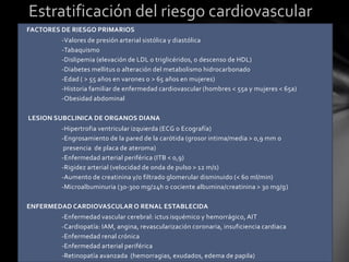 FACTORES DE RIESGO PRIMARIOS
-Valores de presión arterial sistólica y diastólica
-Tabaquismo
-Dislipemia (elevación de LDL o triglicéridos, o descenso de HDL)
-Diabetes mellitus o alteración del metabolismo hidrocarbonado
-Edad ( > 55 años en varones o > 65 años en mujeres)
-Historia familiar de enfermedad cardiovascular (hombres < 55a y mujeres < 65a)
-Obesidad abdominal
LESION SUBCLINICA DE ORGANOS DIANA
-Hipertrofia ventricular izquierda (ECG o Ecografía)
-Engrosamiento de la pared de la carótida (grosor intima/media > 0,9 mm o
presencia de placa de ateroma)
-Enfermedad arterial periférica (ITB < 0,9)
-Rigidez arterial (velocidad de onda de pulso > 12 m/s)
-Aumento de creatinina y/o filtrado glomerular disminuido (< 60 ml/min)
-Microalbuminuria (30-300 mg/24h o cociente albumina/creatinina > 30 mg/g)
ENFERMEDAD CARDIOVASCULAR O RENAL ESTABLECIDA
-Enfermedad vascular cerebral: ictus isquémico y hemorrágico, AIT
-Cardiopatía: IAM, angina, revascularización coronaria, insuficiencia cardiaca
-Enfermedad renal crónica
-Enfermedad arterial periférica
-Retinopatía avanzada (hemorragias, exudados, edema de papila)
Estratificación del riesgo cardiovascular
 