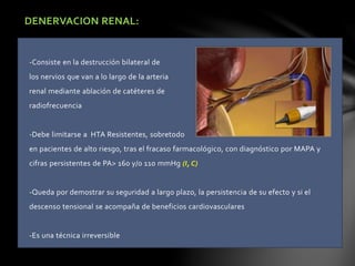 DENERVACION RENAL:
-Consiste en la destrucción bilateral de
los nervios que van a lo largo de la arteria
renal mediante ablación de catéteres de
radiofrecuencia
-Debe limitarse a HTA Resistentes, sobretodo
en pacientes de alto riesgo, tras el fracaso farmacológico, con diagnóstico por MAPA y
cifras persistentes de PA> 160 y/o 110 mmHg (I, C)
-Queda por demostrar su seguridad a largo plazo, la persistencia de su efecto y si el
descenso tensional se acompaña de beneficios cardiovasculares
-Es una técnica irreversible
 