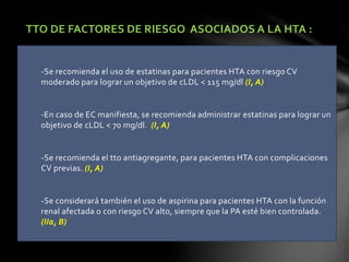 TTO DE FACTORES DE RIESGO ASOCIADOS A LA HTA :
-Se recomienda el uso de estatinas para pacientes HTA con riesgo CV
moderado para lograr un objetivo de cLDL < 115 mg/dl (I, A)
-En caso de EC manifiesta, se recomienda administrar estatinas para lograr un
objetivo de cLDL < 70 mg/dl. (I, A)
-Se recomienda el tto antiagregante, para pacientes HTA con complicaciones
CV previas. (I, A)
-Se considerará también el uso de aspirina para pacientes HTA con la función
renal afectada o con riesgo CV alto, siempre que la PA esté bien controlada.
(IIa, B)
 