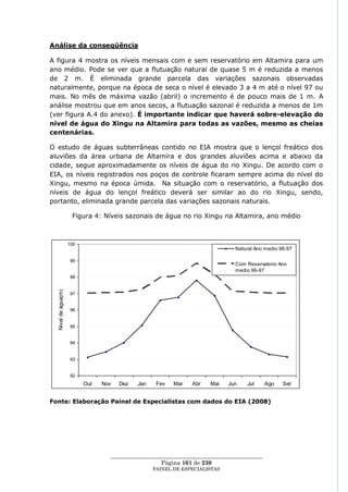 Análise da conseqüência

A figura 4 mostra os níveis mensais com e sem reservatório em Altamira para um
ano médio. Pode se ver que a flutuação natural de quase 5 m é reduzida a menos
de 2 m. É eliminada grande parcela das variações sazonais observadas
naturalmente, porque na época de seca o nível é elevado 3 a 4 m até o nível 97 ou
mais. No mês de máxima vazão (abril) o incremento é de pouco mais de 1 m. A
análise mostrou que em anos secos, a flutuação sazonal é reduzida a menos de 1m
(ver figura A.4 do anexo). É importante indicar que haverá sobre-elevação do
nível de água do Xingu na Altamira para todas as vazões, mesmo as cheias
centenárias.

O estudo de águas subterrâneas contido no EIA mostra que o lençol freático dos
aluviões da área urbana de Altamira e dos grandes aluviões acima e abaixo da
cidade, segue aproximadamente os níveis de água do rio Xingu. De acordo com o
EIA, os níveis registrados nos poços de controle ficaram sempre acima do nível do
Xingu, mesmo na época úmida. Na situação com o reservatório, a flutuação dos
níveis de água do lençol freático deverá ser similar ao do rio Xingu, sendo,
portanto, eliminada grande parcela das variações sazonais naturais.

                      Figura 4: Níveis sazonais de água no rio Xingu na Altamira, ano médio



                     100
                                                                                Natural Ano medio 96-97

                     99
                                                                                Com Reservatorio Ano
                                                                                medio 96-97
                     98
  .
  Nivel de água(m)




                     97


                     96


                     95


                     94


                     93


                     92
                           Out   Nov   Dez   Jan    Fev   Mar    Abr   Mai    Jun   Jul    Ago     Set


Fonte: Elaboração Painel de Especialistas com dados do EIA (2008)




                                   ____________________________________________________
                                                    Página 101 de 230
                                                   PAINEL DE ESPEC IALISTAS
 