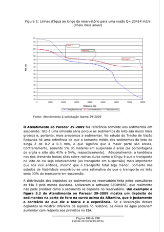 Figura 5: Linhas d‘água ao longo do reservatório para uma vazão Q= 23414 m3/s
                                (cheia meia anual)




      Fonte: Atendimento à solicitação Ibama 29-2009


O Atendimento ao Parecer 29-2009 faz referência somente aos sedimentos em
suspensão. Isto é uma omissão séria porque os sedimentos do leito são muito mais
grossos e, portanto, mais propensos a sedimentar. No estudo do Trecho de Vazão
Reduzida há uma referência de que o tamanho médio dos sedimentos do leito do
Xingu é de 0.2 a 0.3 mm, o que significa que a maior parte são areias.
Contrariamente, somente 5% do material em suspensão é areia (as porcentagens
de argila e silte são 41% e 54%, respectivamente). Adicionalmente, a tendência
nos rios drenando bacias sitas sobre rochas duras como o Xingu é que o transporte
no leito do rio seja relativamente (ao transporte em suspensão) mais importante
que nos rios andinos, mesmo que o transporte total seja menor. Somente nos
estudos de Viabilidade encontrou-se uma estimativa de que o transporte no leito
seria 30% do transporte em suspensão.

A distribuição dos depósitos de sedimentos no reservatório feita pelos consultores
do EIA é pelo menos duvidosa. Utilizaram o software SEDIMENT, que realmente
não pode predizer como o sedimento se deposita no reservatório. Um exemplo: a
figura 5.2 do Atendimento ao Parecer 29-2009 mostra um depósito de
sedimentos na parte de fora na curva acima da Altamira, que é justamente
o contrário do que diz a teoria e a experiência. Se a localização desses
depósitos se mostrar diferente da suposta no relatório, os níveis da água poderiam
aumentar com respeito aos previstos no EIA.
                  ____________________________________________________
                                   Página 103 de 230
                                PAINEL DE ESPEC IALISTAS
 