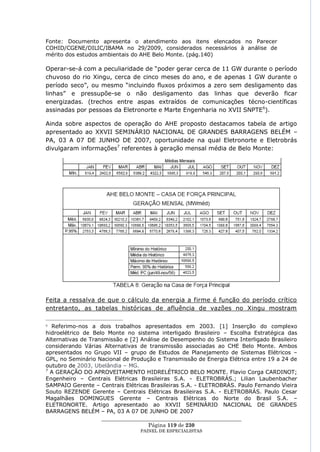 Fonte: Documento apresenta o atendimento aos itens elencados no Parecer
COHID/CGENE/DILIC/IBAMA no 29/2009, considerados necessários à análise de
mérito dos estudos ambientais do AHE Belo Monte. (pág.140)

Operar-se-á com a peculiaridade de ―poder gerar cerca de 11 GW durante o período
chuvoso do rio Xingu, cerca de cinco meses do ano, e de apenas 1 GW durante o
período seco‖, ou mesmo ―incluindo fluxos próximos a zero sem desligamento das
linhas‖ e pressupõe-se o não desligamento das linhas que deverão ficar
energizadas. (trechos entre aspas extraídos de comunicações técno-científicas
assinadas por pessoas da Eletronorte e Marte Engenharia no XVII SNPTE6).

Ainda sobre aspectos de operação do AHE proposto destacamos tabela de artigo
apresentado ao XXVII SEMINÁRIO NACIONAL DE GRANDES BARRAGENS BELÉM –
PA, 03 A 07 DE JUNHO DE 2007, oportunidade na qual Eletronorte e Eletrobrás
divulgaram informações7 referentes à geração mensal média de Belo Monte:




Feita a ressalva de que o cálculo da energia a firme é função do período crítico
entretanto, as tabelas históricas de afluência de vazões no Xingu mostram

6 Referimo-nos a dois trabalhos apresentados em 2003. [1] Inserção do complexo
hidroelétrico de Belo Monte no sistema interligado Brasileiro – Escolha Estratégica das
Alternativas de Transmissão e [2] Análise de Desempenho do Sistema Interligado Brasileiro
considerando Várias Alternativas de transmissão associadas ao CHE Belo Monte. Ambos
apresentados no Grupo VII – grupo de Estudos de Planejamento de Sistemas Elétricos –
GPL, no Seminário Nacional de Produção e Transmissão de Energia Elétrica entre 19 a 24 de
outubro de 2003, Ubelândia – MG.
7
  A GERAÇÃO DO APROVEITAMENTO HIDRELÉTRICO BELO MONTE. Flavio Corga CARDINOT;
Engenheiro – Centrais Elétricas Brasileiras S.A. - ELETROBRÁS.; Lilian Laubenbacher
SAMPAIO Gerente – Centrais Elétricas Brasileiras S.A. - ELETROBRÁS. Paulo Fernando Vieira
Souto REZENDE Gerente – Centrais Elétricas Brasileiras S.A. - ELETROBRÁS. Paulo Cesar
Magalhães DOMINGUES Gerente – Centrais Elétricas do Norte do Brasil S.A. –
ELETRONORTE. Artigo apresentado ao XXVII SEMINÁRIO NACIONAL DE GRANDES
BARRAGENS BELÉM – PA, 03 A 07 DE JUNHO DE 2007
                    ____________________________________________________
                                     Página 119 de 230
                                 PAINEL DE ESPEC IALISTAS
 