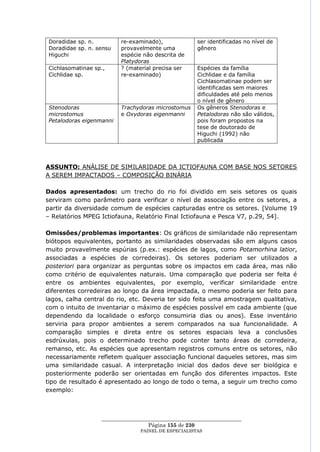 Doradidae sp. n.         re-examinado),               ser identificadas no nível de
Doradidae sp. n. sensu   provavelmente uma            gênero
Higuchi                  espécie não descrita de
                         Platydoras
Cichlasomatinae sp.,     ? (material precisa ser      Espécies da família
Cichlidae sp.            re-examinado)                Cichlidae e da família
                                                      Cichlasomatinae podem ser
                                                      identificadas sem maiores
                                                      dificuldades até pelo menos
                                                      o nível de gênero
Stenodoras               Trachydoras microstomus      Os gêneros Stenodoras e
microstomus              e Oxydoras eigenmanni        Petalodoras não são válidos,
Petalodoras eigenmanni                                pois foram propostos na
                                                      tese de doutorado de
                                                      Higuchi (1992) não
                                                      publicada



ASSUNTO: ANÁLISE DE SIMILARIDADE DA ICTIOFAUNA COM BASE NOS SETORES
A SEREM IMPACTADOS – COMPOSIÇÃO BINÁRIA

Dados apresentados: um trecho do rio foi dividido em seis setores os quais
serviram como parâmetro para verificar o nível de associação entre os setores, a
partir da diversidade comum de espécies capturadas entre os setores. [Volume 19
– Relatórios MPEG Ictiofauna, Relatório Final Ictiofauna e Pesca V7, p.29, 54].

Omissões/problemas importantes: Os gráficos de similaridade não representam
biótopos equivalentes, portanto as similaridades observadas são em alguns casos
muito provavelmente espúrias (p.ex.: espécies de lagos, como Potamorhina latior,
associadas a espécies de corredeiras). Os setores poderiam ser utilizados a
posteriori para organizar as perguntas sobre os impactos em cada área, mas não
como critério de equivalentes naturais. Uma comparação que poderia ser feita é
entre os ambientes equivalentes, por exemplo, verificar similaridade entre
diferentes corredeiras ao longo da área impactada, o mesmo poderia ser feito para
lagos, calha central do rio, etc. Deveria ter sido feita uma amostragem qualitativa,
com o intuito de inventariar o máximo de espécies possível em cada ambiente (que
dependendo da localidade o esforço consumiria dias ou anos). Esse inventário
serviria para propor ambientes a serem comparados na sua funcionalidade. A
comparação simples e direta entre os setores espaciais leva a conclusões
esdrúxulas, pois o determinado trecho pode conter tanto áreas de corredeira,
remanso, etc. As espécies que apresentam registros comuns entre os setores, não
necessariamente refletem qualquer associação funcional daqueles setores, mas sim
uma similaridade casual. A interpretação inicial dos dados deve ser biológica e
posteriormente poderão ser orientadas em função dos diferentes impactos. Este
tipo de resultado é apresentado ao longo de todo o tema, a seguir um trecho como
exemplo:



                  ____________________________________________________
                                   Página 155 de 230
                                PAINEL DE ESPEC IALISTAS
 