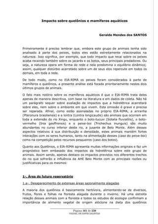 Impacto sobre quelônios e mamíferos aquáticos



                                                       Geraldo Mendes dos SANTOS



Primeiramente é preciso lembrar que, embora este grupo de animais tenha sido
analisado à parte dos peixes, todos eles estão estreitamente relacionados na
natureza. Isso significa, por exemplo, que todo impacto que recai sobre os peixes
acaba recaindo também sobre os jacarés e os botos, seus principais predadores. Ou
seja, a natureza opera em forma de rede e nela predomina o equilíbrio dinâmico;
assim, qualquer distúrbio acarretado sobre um de seus elos repercute em todos os
demais, em toda a rede.

De todo modo, como no EIA-RIMA os peixes foram considerados à parte de
mamíferos e quelônios, a presente análise está focada prioritariamente nestes dois
últimos grupos de animais.

O fato mais notório sobre os mamíferos aquáticos é que o EIA-RIMA trata deles
apenas de maneira descritiva, com base na literatura e em dados de coleta. Não há
um parágrafo sequer sobre avaliação de impactos que a hidrelétrica acarretará
sobre eles, nem sobre o ambiente em que vivem. Esta omissão é grave e precisa
ser reparada. Afinal, como estão assinaladas no próprio EIA-RIMA, a ariranha
(Pteronura brasiliensis) e a lontra (Lontra longicaudis) são animais que ocorrem em
toda a extensão do rio Xingu, enquanto o boto-tucuxi (Sotalia fluviatilis), o boto-
vermelho (Inia geoffrensis) e o peixe-boi (Trichechus inunguis) são muito
abundantes no curso inferior deste rio, a jusante de Belo Monte. Além desses
aspectos relativos à sua distribuição e densidade, estes animais mantém fortes
interações com os seres humanos, tanto na alimentação desses (caso do peixe-boi)
como na competição pelos recursos pesqueiros (caso dos botos).

Quanto aos Quelônios, o EIA-RIMA apresenta muitas informações originais e faz um
prognóstico bem embasado dos impactos da hidrelétrica sobre este grupo de
animais. Assim sendo, apenas destaco os impactos previstos nos diferentes trechos
do rio que sofrerão a influência da AHE Belo Monte com as principais razões ou
justificativas para os mesmos:



1-. Área do futuro reservatório

1.a-. Desaparecimento de extensas áreas sazonalmente alagadas

A maioria dos quelônios é basicamente herbívora, alimentando-se de diversos,
frutos, flores e folhas na floresta alagada durante o inverno. Há uma estreita
relação desses animais com a floresta e todos os estudos de ecologia confirmam a
importância de alimento vegetal de origem alóctone na dieta dos quelônios
                  ____________________________________________________
                                   Página 161 de 230
                                PAINEL DE ESPEC IALISTAS
 