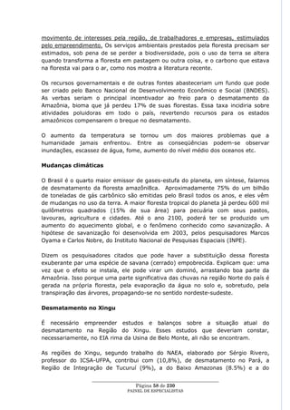 movimento de interesses pela região, de trabalhadores e empresas, estimulados
pelo empreendimento. Os serviços ambientais prestados pela floresta precisam ser
estimados, sob pena de se perder a biodiversidade, pois o uso da terra se altera
quando transforma a floresta em pastagem ou outra coisa, e o carbono que estava
na floresta vai para o ar, como nos mostra a literatura recente.

Os recursos governamentais e de outras fontes abasteceriam um fundo que pode
ser criado pelo Banco Nacional de Desenvolvimento Econômico e Social (BNDES).
As verbas seriam o principal incentivador ao freio para o desmatamento da
Amazônia, bioma que já perdeu 17% de suas florestas. Essa taxa incidiria sobre
atividades poluidoras em todo o país, revertendo recursos para os estados
amazônicos compensarem o breque no desmatamento.

O aumento da temperatura se tornou um dos maiores problemas que a
humanidade jamais enfrentou. Entre as conseqüências podem-se observar
inundações, escassez de água, fome, aumento do nível médio dos oceanos etc.

Mudanças climáticas

O Brasil é o quarto maior emissor de gases-estufa do planeta, em síntese, falamos
de desmatamento da floresta amazôni8ca. Aproximadamente 75% do um bilhão
de toneladas de gás carbônico são emitidas pelo Brasil todos os anos, e eles vêm
de mudanças no uso da terra. A maior floresta tropical do planeta já perdeu 600 mil
quilômetros quadrados (15% de sua área) para pecuária com seus pastos,
lavouras, agricultura e cidades. Até o ano 2100, poderá ter se produzido um
aumento do aquecimento global, e o fenômeno conhecido como savanização. A
hipótese de savanização foi desenvolvida em 2003, pelos pesquisadores Marcos
Oyama e Carlos Nobre, do Instituto Nacional de Pesquisas Espaciais (INPE).

Dizem os pesquisadores citados que pode haver a substituição dessa floresta
exuberante par uma espécie de savana (cerrado) empobrecida. Explicam que: uma
vez que o efeito se instala, ele pode virar um dominó, arrastando boa parte da
Amazônia. Isso porque uma parte significativa das chuvas na região Norte do país é
gerada na própria floresta, pela evaporação da água no solo e, sobretudo, pela
transpiração das árvores, propagando-se no sentido nordeste-sudeste.

Desmatamento no Xingu

É necessário empreender estudos e balanços sobre a situação atual do
desmatamento na Região do Xingu. Esses estudos que deveriam constar,
necessariamente, no EIA rima da Usina de Belo Monte, ali não se encontram.

As regiões do Xingu, segundo trabalho do NAEA, elaborado por Sérgio Rivero,
professor do ICSA-UFPA, contribui com (10,8%), de desmatamento no Pará, a
Região de Integração de Tucuruí (9%), a do Baixo Amazonas (8.5%) e a do

                  ____________________________________________________
                                    Página 58 de 230
                                PAINEL DE ESPEC IALISTAS
 