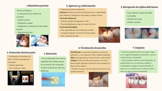 Maniobras previas
1.
-Buche antiséptico.
- La ubicación de la relación de
contacto.
- Análisis oclusal.
- Diagnóstico pulpar.
- Diagnóstico y tratamiento del estado
gingival.
- Selección del color.
2. Apertura y conformación
- Fresas troncocónicas diamante.
Contorno: Fresa troncocónica de extremo liso o redondeado
para obtener la divergencia de paredes y esbozar el piso.
Forma de resistencia:
- Oclusal: paredes divergentes 6º a 10º.
- Pared debilidatada se baja no menos de 2mm.
Froma de profundidad:
- Piso: perpendicular a las fuezas de oclusión.
- Composite espesor min de 2mm (fracturado).
- Max: el avance de carie.
3. Extripación de tejidos deficientes
- Fresa redonda a baja velocidad.
- Cucharillas.
- Dectetor de caries.
- Lavado y secado
- Se bloquéa con ionómero de
vidrio o resina compuesta los
socavados.
- Sellador dentinario.
- Forro cavitario o base.
4. Protección dentino pular 5. Retención
- No corresponde crear formas
especiales de anclaje, porque
la incrustación de composite
se fijará al diente por técnicas
adhesivas.
6. Terminación de paredes
-Rectificación: Las paredes (irregulares o exceso de
ionómero), y con fresas de 12 filos, mediana velocidad.
-Bisel: Las preparaciones intracoronarias no llevan bisel.
-Alisado: Fresas de 12 filos troncocónica o forma de
llama de baja. Siguiendo la dirección de las paredes (no
dejar prismas sueltos).
- No alisar en exceso, técnicas adhesivas funcionan con
paredes levemente
7. Limpieza
- Se lava la prepación primero con agua y luego
con un agente detergente y tesioactivo, como un
colutorio bucal o el tubulicid.
- Si aún quedaran detritos o barro dentinario, se
puede limpiar con una brochita o cepillo en
contraángulo, cargado con pómez disuelto en
agua o en un colutorio bucal. Luego se vuelve a
lavar con agua y se seca brevemente.
 