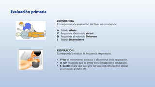 Evaluación primaria
CONSCIENCIA
Corresponde a la evaluación del nivel de consciencia:
A Estado Alerta
V Responde al estímulo Verbal
D Responde al estímulo Doloroso
I Estado Inconsciente
RESPIRACIÓN
Corresponde a evaluar la frecuencia respiratoria:
• V Ver el movimiento torácico o abdominal de la respiración.
• O Oír el sonido que se emite en la inhalación o exhalación.
• S Sentir el aire que sale por las vías respiratorias (no aplicar
en contexto COVID-19).
 