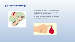 ¿Qué es una hemorragia?
Es la pérdida de sangre a través de los vasos
sanguíneos que se cortan, rompen, golpean
o perforan por diversas causas.
El grado de peligro depende del volumen
de sangre que se pierde.
 