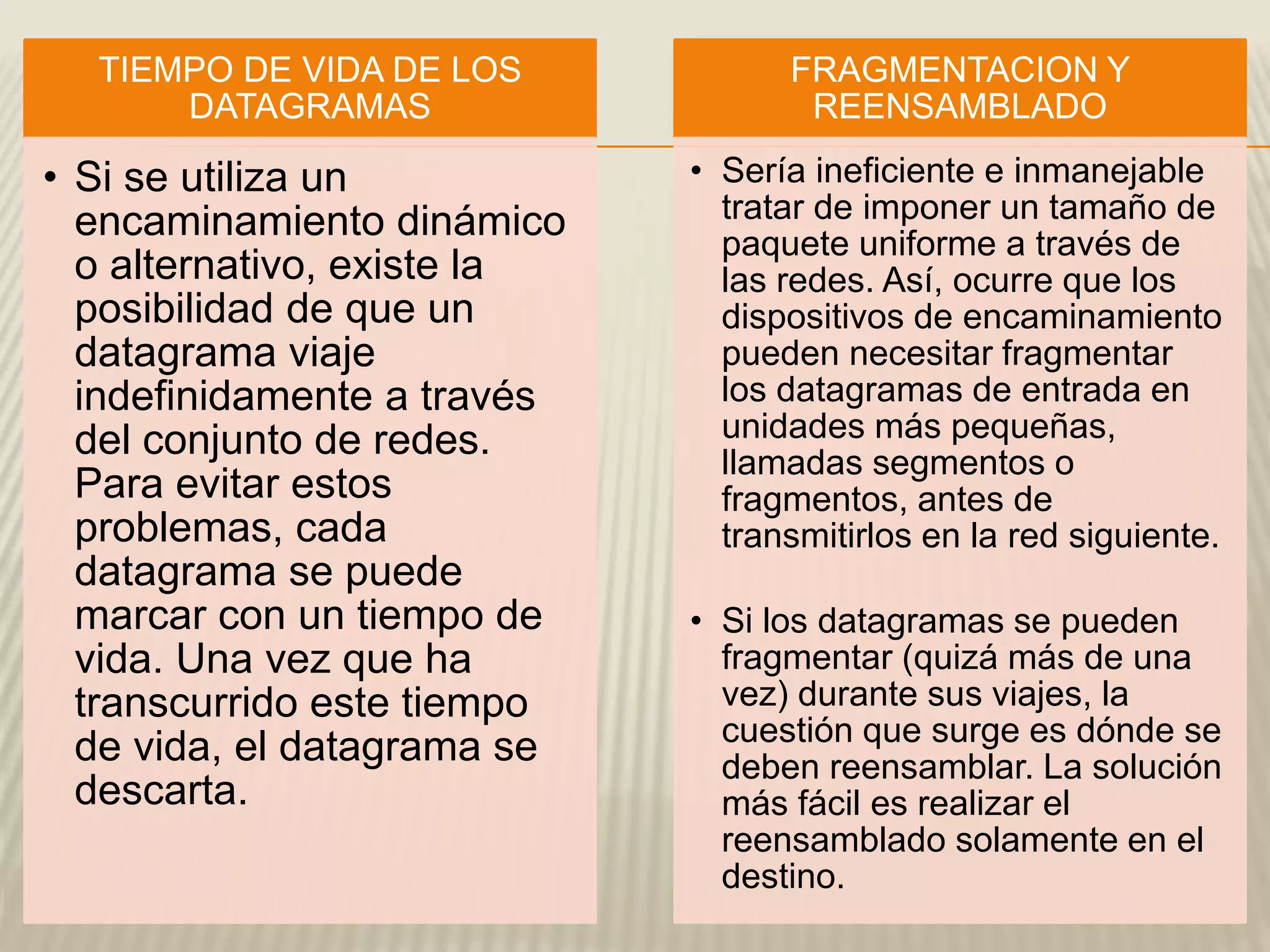 TIEMPO DE VIDA DE LOS
DATAGRAMAS
• Si se utiliza un
encaminamiento dinámico
o alternativo, existe la
posibilidad de que un
datagrama viaje
indefinidamente a través
del conjunto de redes.
Para evitar estos
problemas, cada
datagrama se puede
marcar con un tiempo de
vida. Una vez que ha
transcurrido este tiempo
de vida, el datagrama se
descarta.
FRAGMENTACION Y
REENSAMBLADO
• Sería ineficiente e inmanejable
tratar de imponer un tamaño de
paquete uniforme a través de
las redes. Así, ocurre que los
dispositivos de encaminamiento
pueden necesitar fragmentar
los datagramas de entrada en
unidades más pequeñas,
llamadas segmentos o
fragmentos, antes de
transmitirlos en la red siguiente.
• Si los datagramas se pueden
fragmentar (quizá más de una
vez) durante sus viajes, la
cuestión que surge es dónde se
deben reensamblar. La solución
más fácil es realizar el
reensamblado solamente en el
destino.
 