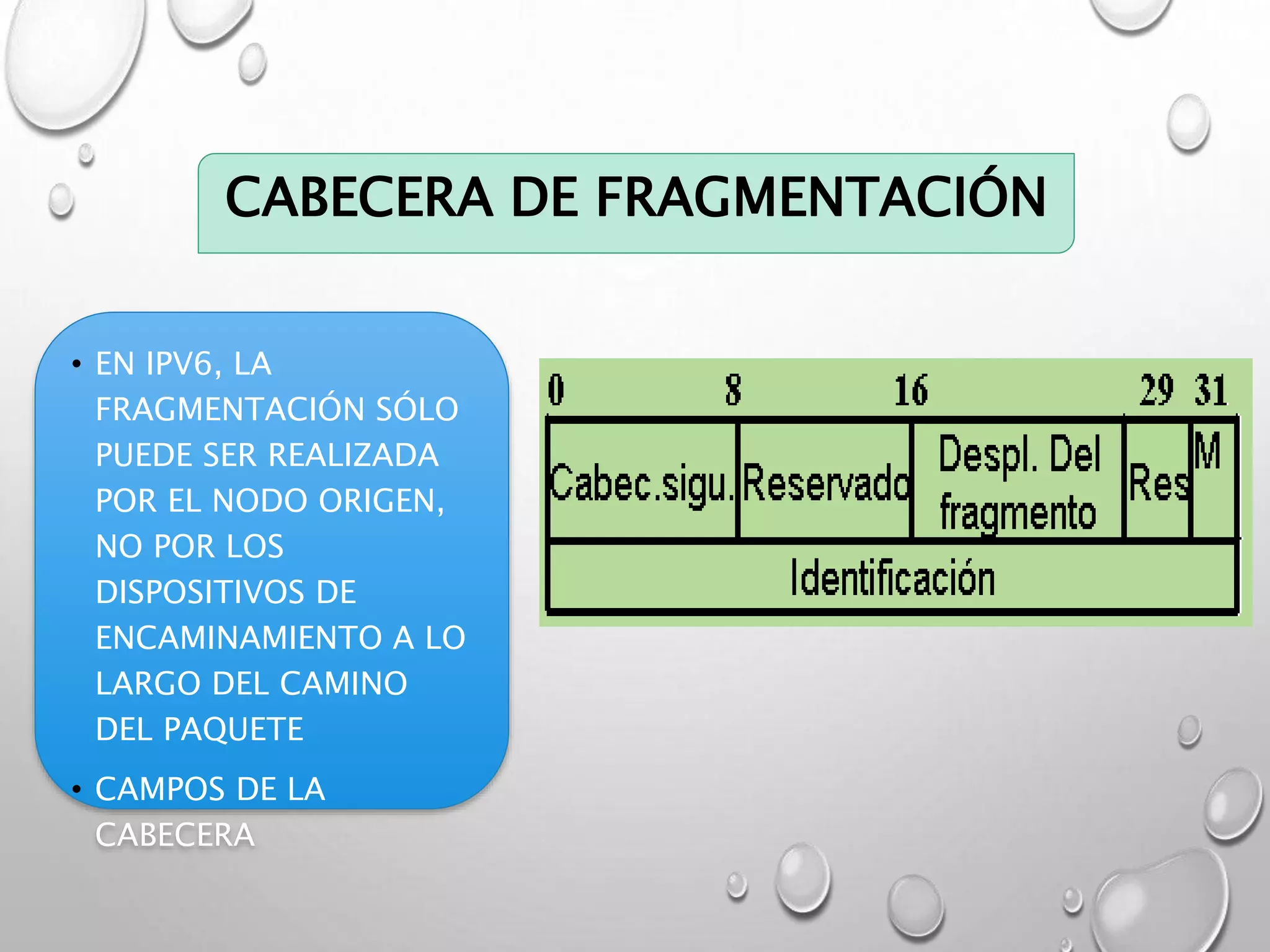 CABECERA DE FRAGMENTACIÓN
• EN IPV6, LA
FRAGMENTACIÓN SÓLO
PUEDE SER REALIZADA
POR EL NODO ORIGEN,
NO POR LOS
DISPOSITIVOS DE
ENCAMINAMIENTO A LO
LARGO DEL CAMINO
DEL PAQUETE
• CAMPOS DE LA
CABECERA
 