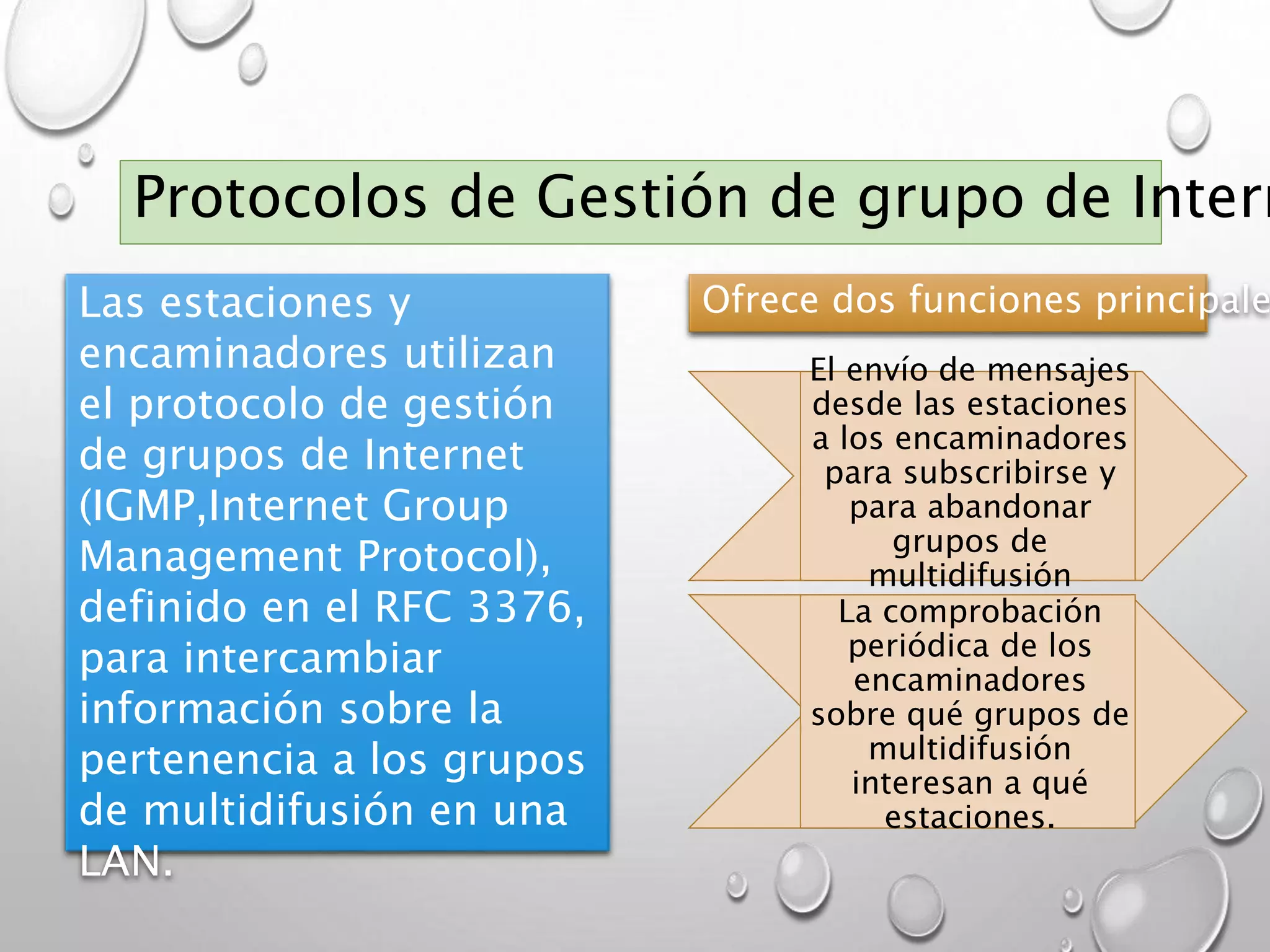 Protocolos de Gestión de grupo de Intern
Las estaciones y
encaminadores utilizan
el protocolo de gestión
de grupos de Internet
(IGMP,Internet Group
Management Protocol),
definido en el RFC 3376,
para intercambiar
información sobre la
pertenencia a los grupos
de multidifusión en una
LAN.
El envío de mensajes
desde las estaciones
a los encaminadores
para subscribirse y
para abandonar
grupos de
multidifusión
La comprobación
periódica de los
encaminadores
sobre qué grupos de
multidifusión
interesan a qué
estaciones.
Ofrece dos funciones principale
 