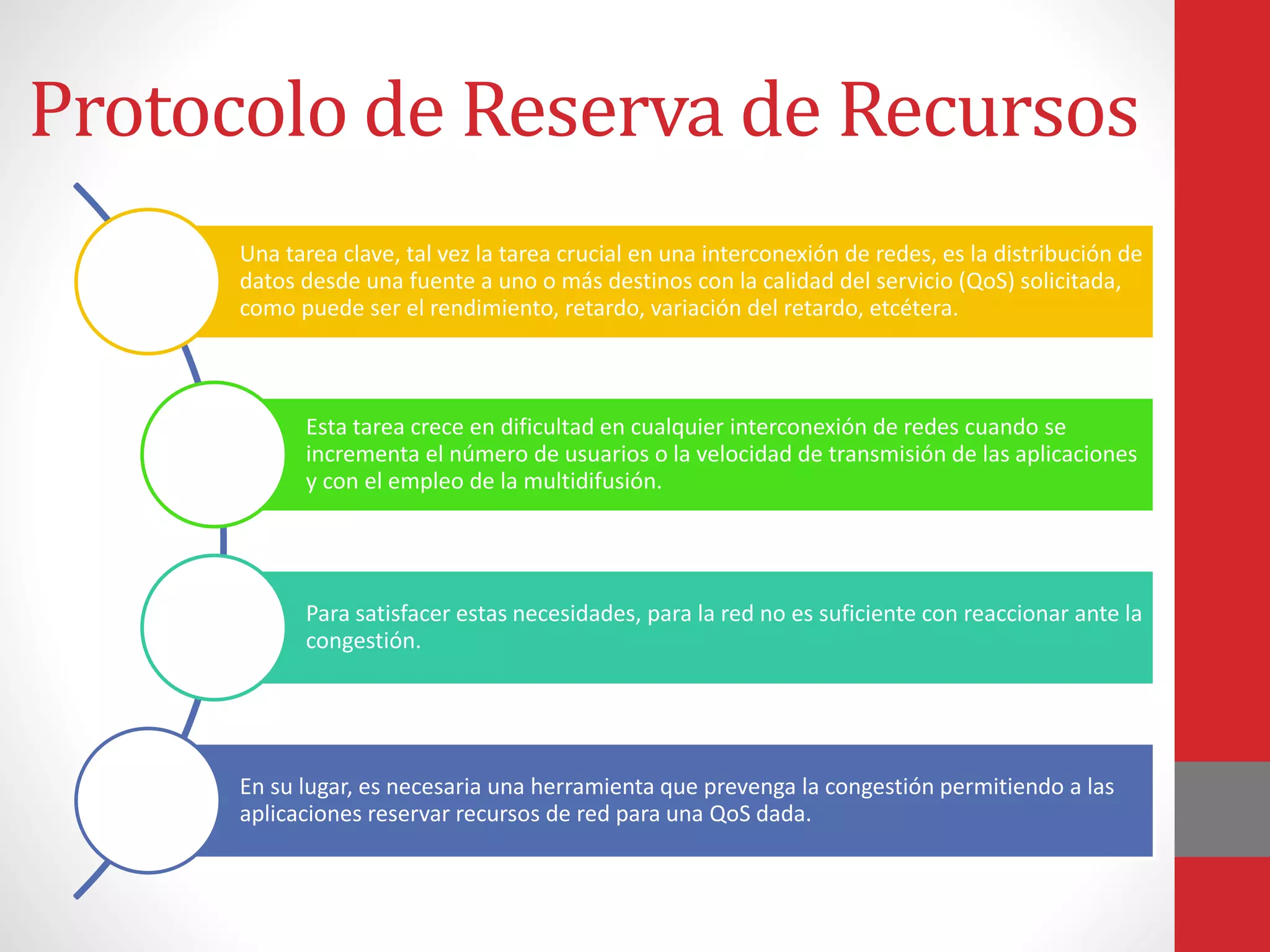 Protocolo de Reserva de Recursos
Una tarea clave, tal vez la tarea crucial en una interconexión de redes, es la distribución de
datos desde una fuente a uno o más destinos con la calidad del servicio (QoS) solicitada,
como puede ser el rendimiento, retardo, variación del retardo, etcétera.
Esta tarea crece en dificultad en cualquier interconexión de redes cuando se
incrementa el número de usuarios o la velocidad de transmisión de las aplicaciones
y con el empleo de la multidifusión.
Para satisfacer estas necesidades, para la red no es suficiente con reaccionar ante la
congestión.
En su lugar, es necesaria una herramienta que prevenga la congestión permitiendo a las
aplicaciones reservar recursos de red para una QoS dada.
 