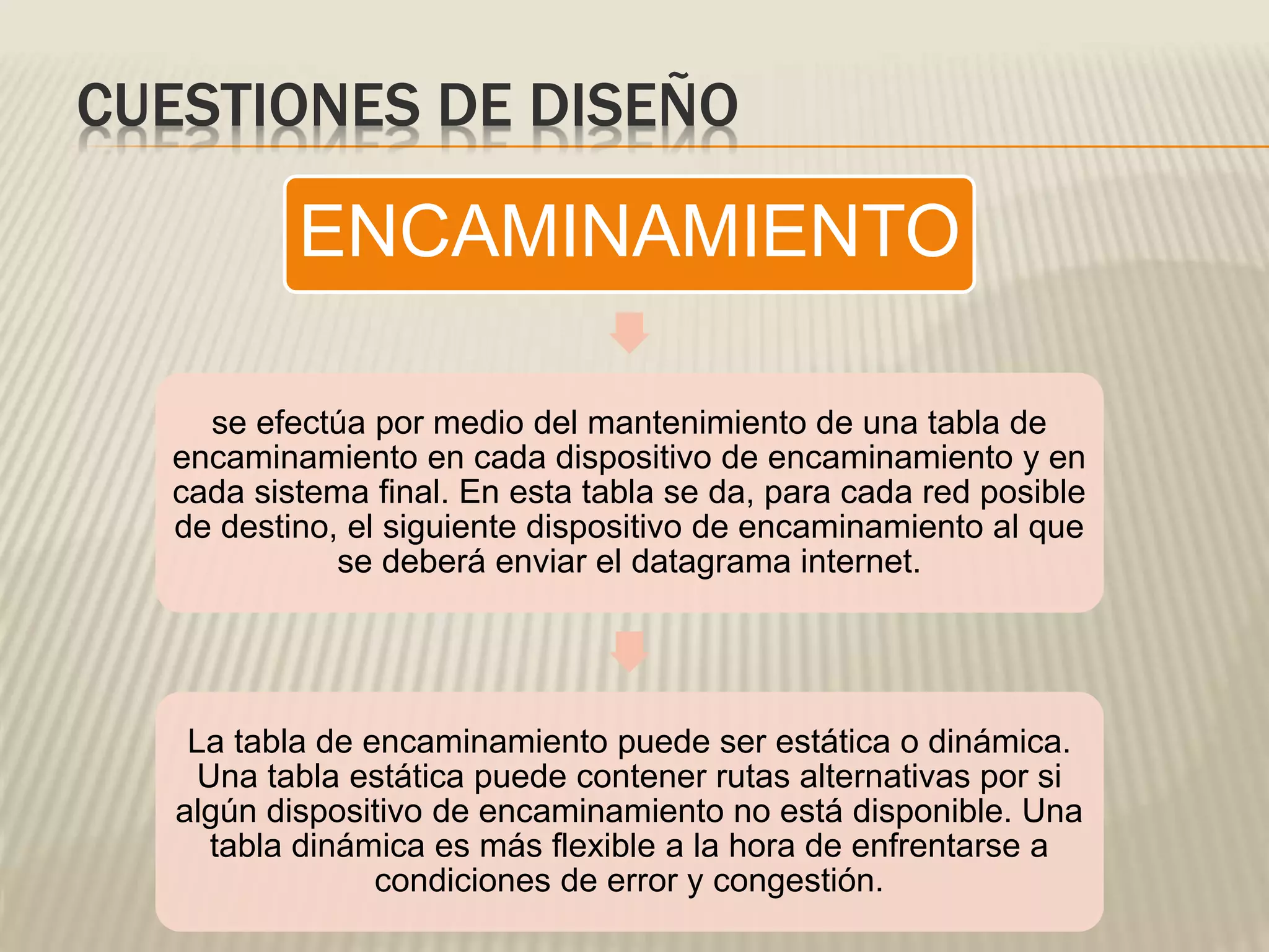 CUESTIONES DE DISEÑO
ENCAMINAMIENTO
se efectúa por medio del mantenimiento de una tabla de
encaminamiento en cada dispositivo de encaminamiento y en
cada sistema final. En esta tabla se da, para cada red posible
de destino, el siguiente dispositivo de encaminamiento al que
se deberá enviar el datagrama internet.
La tabla de encaminamiento puede ser estática o dinámica.
Una tabla estática puede contener rutas alternativas por si
algún dispositivo de encaminamiento no está disponible. Una
tabla dinámica es más flexible a la hora de enfrentarse a
condiciones de error y congestión.
 