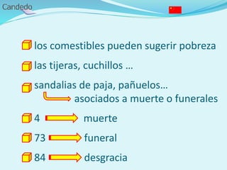 - los comestibles pueden sugerir pobreza
- las tijeras, cuchillos …
- sandalias de paja, pañuelos…
asociados a muerte o funerales
- 4 muerte
- 73 funeral
- 84 desgracia
 