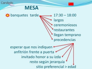 MESA
- banquetes tarde 17:30 – 18:00
largos
ceremoniosos
restaurantes
llegan temprano
precedencias
esperar que nos indiquen
anfitrión frente a puerta
invitado honor a su izda
resto según jerarquía
sitio preferencial > edad
 