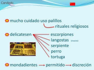 - mucho cuidado uso palillos
rituales religiosos
- delicatesen escorpiones
langostas (insecto)
serpiente
perro
tortuga
- mondadientes permitido discreción
 