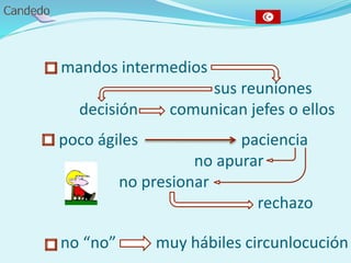 - mandos intermedios
sus reuniones
decisión comunican jefes o ellos
- poco ágiles paciencia
no apurar
no presionar
rechazo
- no “no” muy hábiles circunlocución
 