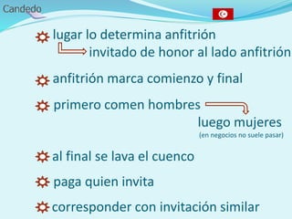 lugar lo determina anfitrión
invitado de honor al lado anfitrión
anfitrión marca comienzo y final
primero comen hombres
luego mujeres
(en negocios no suele pasar)
al final se lava el cuenco
- paga quien invita
- corresponder con invitación similar
 