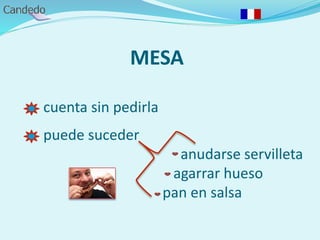 MESA
cuenta sin pedirla
puede suceder
anudarse servilleta
agarrar hueso
pan en salsa
 