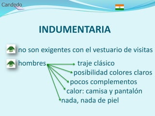 INDUMENTARIA
- no son exigentes con el vestuario de visitas
- hombres traje clásico
posibilidad colores claros
pocos complementos
calor: camisa y pantalón
nada, nada de piel
 