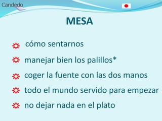 MESA
cómo sentarnos
manejar bien los palillos*
coger la fuente con las dos manos
todo el mundo servido para empezar
no dejar nada en el plato
 