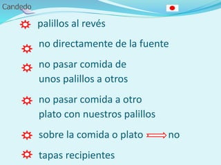 palillos al revés
no directamente de la fuente
no pasar comida de
unos palillos a otros
no pasar comida a otro
plato con nuestros palillos
sobre la comida o plato no
tapas recipientes
 