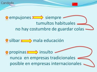 - empujones siempre
tumultos habituales
no hay costumbre de guardar colas
- silbar mala educación
- propinas insulto
nunca en empresas tradicionales
posible en empresas internacionales
 
