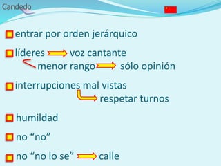 entrar por orden jerárquico
líderes voz cantante
menor rango sólo opinión
interrupciones mal vistas
respetar turnos
- humildad
- no “no”
- no “no lo se” calle
 