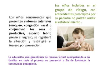 Los niños concurrentes que
presenten síntomas catarrales
(moqueo, congestión nasal o
conjuntival, tos seca o
productiva, aspecto febril)
previo al ingreso, se registrará
la situación y restringirá el
ingreso por prevención.
Los niños incluidos en el
grupo de riesgo, con
antecedentes prescriptos por
su pediatra no podrán asistir
al establecimiento .
La educación será garantizada de manera virtual acompañando a las
familias en todo el proceso no presencial a fin de fortalecer la
continuidad pedagógica.
 