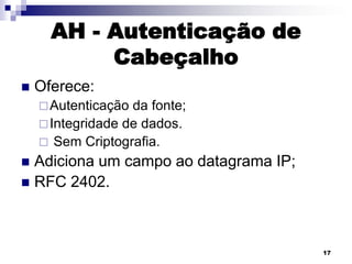 AH - Autenticação de
Cabeçalho


Oferece:
 Autenticação

da fonte;
 Integridade de dados.
 Sem Criptografia.

Adiciona um campo ao datagrama IP;
 RFC 2402.


17

 