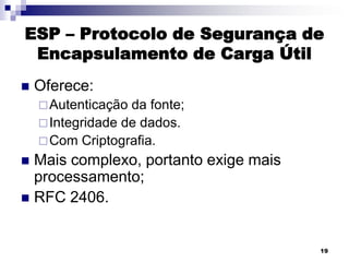 ESP – Protocolo de Segurança de
Encapsulamento de Carga Útil


Oferece:
 Autenticação

da fonte;
 Integridade de dados.
 Com Criptografia.

Mais complexo, portanto exige mais
processamento;
 RFC 2406.


19

 