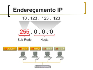 Endereçamento IP
10 . 123 . 123 . 123

255 . 0 . 0 . 0
Sub-Rede
10.7.100.1

10.0.0.1

10.0.0.2

Hosts
11.0.0.3

11.0.0.4

 