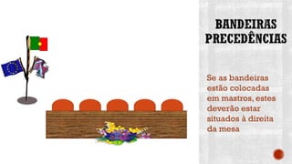 Se as bandeiras
estão colocadas
em mastros, estes
deverão estar
situados à direita
da mesa
 