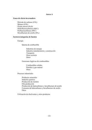 Anexo A

Gases de efecto invernadero

     Dióxido de carbono (CO2)
     Metano (CH4)
     Óxido nitroso (N2O)
     Hidrofluorocarbonos (HFC)
     Perfluorocarbonos (PFC)
     Hexafluoruro de azufre (SF6)

Sectores/categorías de fuentes

     Energía

           Quema de combustible

                Industrias de energía
                Industria manufacturera y construcción
                Transporte
                Otros sectores
                Otros

           Emisiones fugitivas de combustibles

                Combustibles sólidos
                Petróleo y gas natural
                Otros

     Procesos industriales

           Productos minerales
           Industria química
           Producción de metales
           Otra producción
           Producción de halocarbonos y hexafluoruro de azufre
           Consumo de halocarbonos y hexafluoruro de azufre
           Otros

     Utilización de disolventes y otros productos




                                             -22-
 