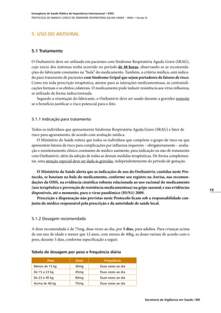 13
Secretaria de Vigilância em Saúde / MS
Emergência de Saúde Pública de Importância Internacional • ESPII
PROTOCOLO DE MANEJO CLÍNICO DE SÍNDROME RESPIRATÓRIA AGUDA GRAVE – SRAG • Versão IV
5. USO DO ANTIVIRAL
5.1 Tratamento
	
O Oseltamivir deve ser utilizado em pacientes com Síndrome Respiratória Aguda Grave (SRAG),
cujo início dos sintomas tenha ocorrido no período de 48 horas, observando-se as recomenda-
ções do fabricante constantes na “bula” do medicamento. Também, a critério médico, está indica-
do para tratamento de pacientes com Síndrome Gripal que sejam portadores de fatores de risco.
Como em toda prescrição terapêutica, atentar para as interações medicamentosas, as contraindi-
cações formais e os efeitos colaterais. O medicamento pode induzir resistência aos vírus influenza,
se utilizado de forma indiscriminada.
Segundo a orientação do fabricante, o Oseltamivir deve ser usado durante a gravidez somente
se o benefício justificar o risco potencial para o feto.
	 	
5.1.1 Indicação para tratamento
Todos os indivíduos que apresentarem Síndrome Respiratória Aguda Grave (SRAG) e fator de
risco para agravamento, de acordo com avaliação médica.
O Ministério da Saúde reitera que todos os indivíduos que compõem o grupo de risco ou que
apresentem fatores de risco para complicações por influenza requerem – obrigatoriamente – avalia-
ção e monitoramento clínico constantes de médico assistente, para indicação ou não de tratamento
com Oseltamivir; além da adoção de todas as demais medidas terapêuticas. De forma complemen-
tar, uma atenção especial deve ser dada às grávidas, independentemente do período de gestação.
O Ministério da Saúde alerta que as indicações de uso do Oseltamivir, contidas neste Pro-
tocolo, se baseiam na bula do medicamento, conforme seu registro na Anvisa, nas recomen-
dações da OMS, na evidência científica robusta relacionada ao uso racional do medicamento
(uso terapêutico e prevenção de resistência medicamentosa) na gripe sazonal; e nas evidências
disponíveis, até o momento, para o vírus pandêmico (H1N1) 2009.
Prescrição e dispensação não previstas neste Protocolo ficam sob a responsabilidade con-
junta do médico responsável pela prescrição e da autoridade de saúde local.
5.1.2 Dosagem recomendada
A dose recomendada é de 75mg, duas vezes ao dia, por 5 dias, para adultos. Para crianças acima
de um ano de idade e menor que 12 anos, com menos de 40kg, as doses variam de acordo com o
peso, durante 5 dias, conforme especificação a seguir.
Tabela de dosagem por peso e frequência diária
Peso Dose Frequência
Menos de 15 kg 30mg Duas vezes ao dia
De 15 a 23 kg 45mg Duas vezes ao dia
De 23 a 40 kg 60mg Duas vezes ao dia
Acima de 40 kg 75mg Duas vezes ao dia
 