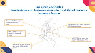 Las cinco entidades
territoriales con la mayor razón de morbilidad materna
extrema fueron
PUTUMAYO: (53,5 casos
por cada 1 000 nacidos
vivos
HUILA 52,0 casos por
cada 1 000 nacidos
vivos
CASANARE 49,9 casos por cada
1 000 nacidos vivos
CALDAS 63,1 casos por
cada 1 000 nacidos
vivos
BOGOTÁ 65,6 casos por
cada 1 000 nacidos vivos
 