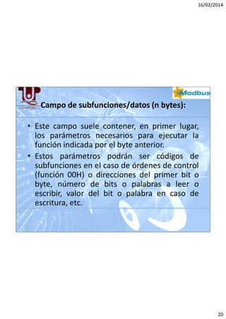 16/02/2014

Campo de subfunciones/datos (n bytes):
• Este campo suele contener, en primer lugar,
los parámetros necesarios para ejecutar la
función indicada por el byte anterior.
• Estos parámetros podrán ser códigos de
subfunciones en el caso de órdenes de control
(función 00H) o direcciones del primer bit o
byte, número de bits o palabras a leer o
escribir, valor del bit o palabra en caso de
escritura, etc.

20

 
