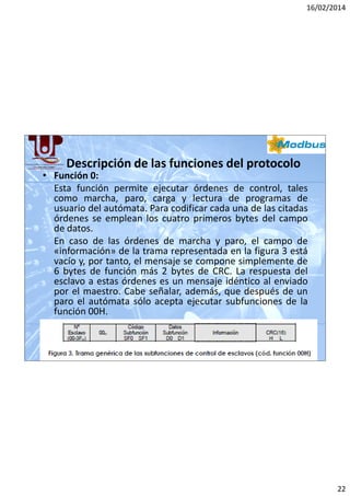 16/02/2014

Descripción de las funciones del protocolo

• Función 0:
Esta función permite ejecutar órdenes de control, tales
como marcha, paro, carga y lectura de programas de
usuario del autómata. Para codificar cada una de las citadas
órdenes se emplean los cuatro primeros bytes del campo
de datos.
En caso de las órdenes de marcha y paro, el campo de
«información» de la trama representada en la figura 3 está
vacío y, por tanto, el mensaje se compone simplemente de
6 bytes de función más 2 bytes de CRC. La respuesta del
esclavo a estas órdenes es un mensaje idéntico al enviado
por el maestro. Cabe señalar, además, que después de un
paro el autómata sólo acepta ejecutar subfunciones de la
función 00H.

22

 