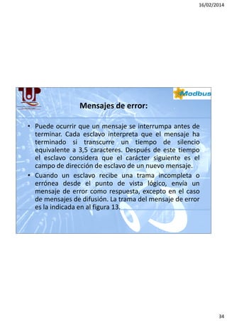 16/02/2014

Mensajes de error:
• Puede ocurrir que un mensaje se interrumpa antes de
terminar. Cada esclavo interpreta que el mensaje ha
terminado si transcurre un tiempo de silencio
equivalente a 3,5 caracteres. Después de este tiempo
el esclavo considera que el carácter siguiente es el
campo de dirección de esclavo de un nuevo mensaje.
• Cuando un esclavo recibe una trama incompleta o
errónea desde el punto de vista lógico, envía un
mensaje de error como respuesta, excepto en el caso
de mensajes de difusión. La trama del mensaje de error
es la indicada en al figura 13.

34

 